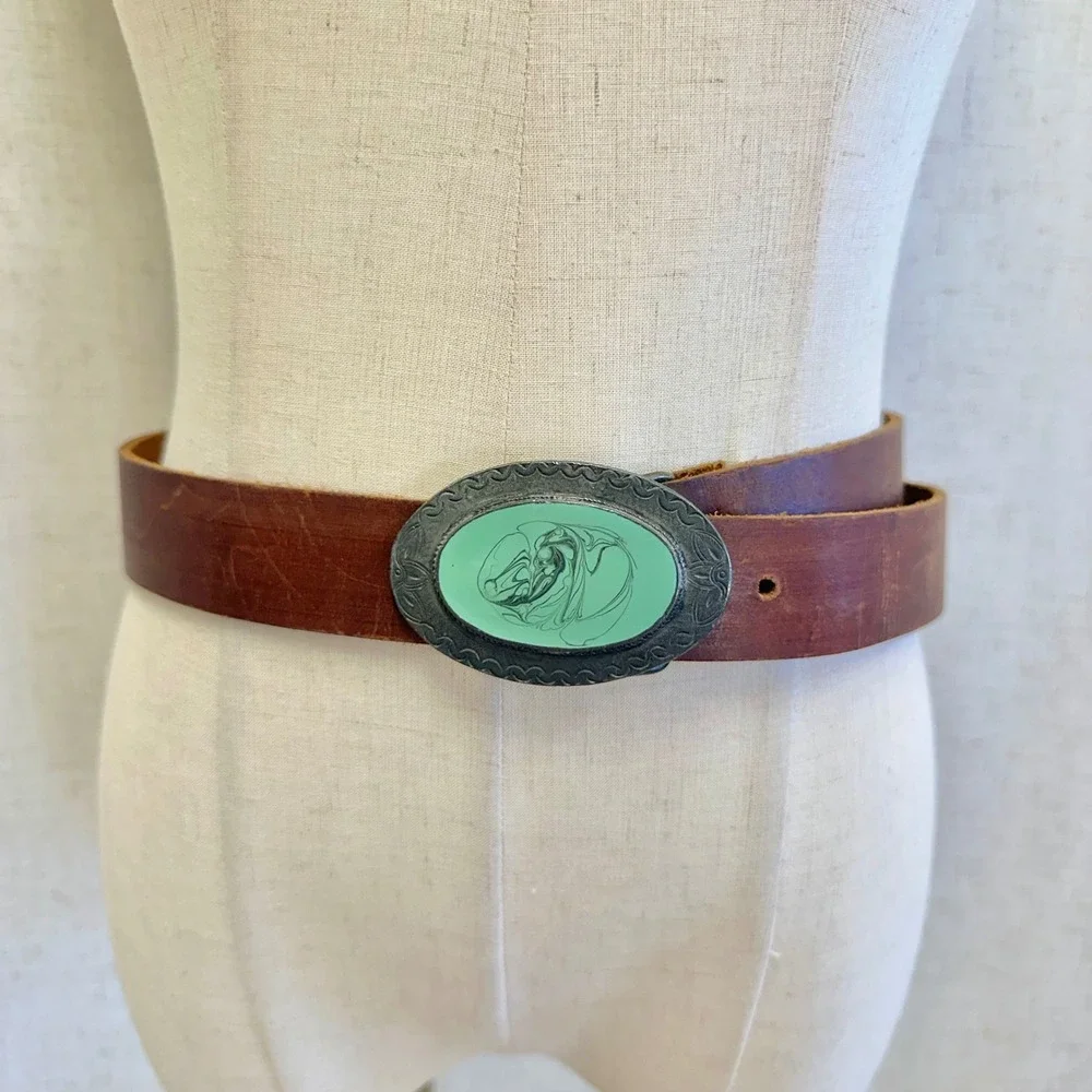 Nice Leather Brown Distressed Belt Seafoam Green Marbled Western Buckle Large‎